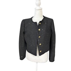 J.Crew Jacket Womens 2 Black Lady Jacket Tweed Sequin Cropped Gold Buttons BR725